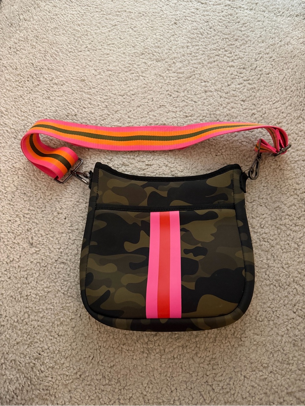 Haute Shore Camouflage Crossbody Bag with Neon Pink Stripe